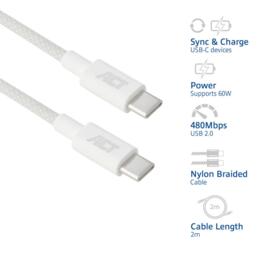 ACT USB-C 2.0 naar USB-C snellaadkabel 60W 2 meter wit