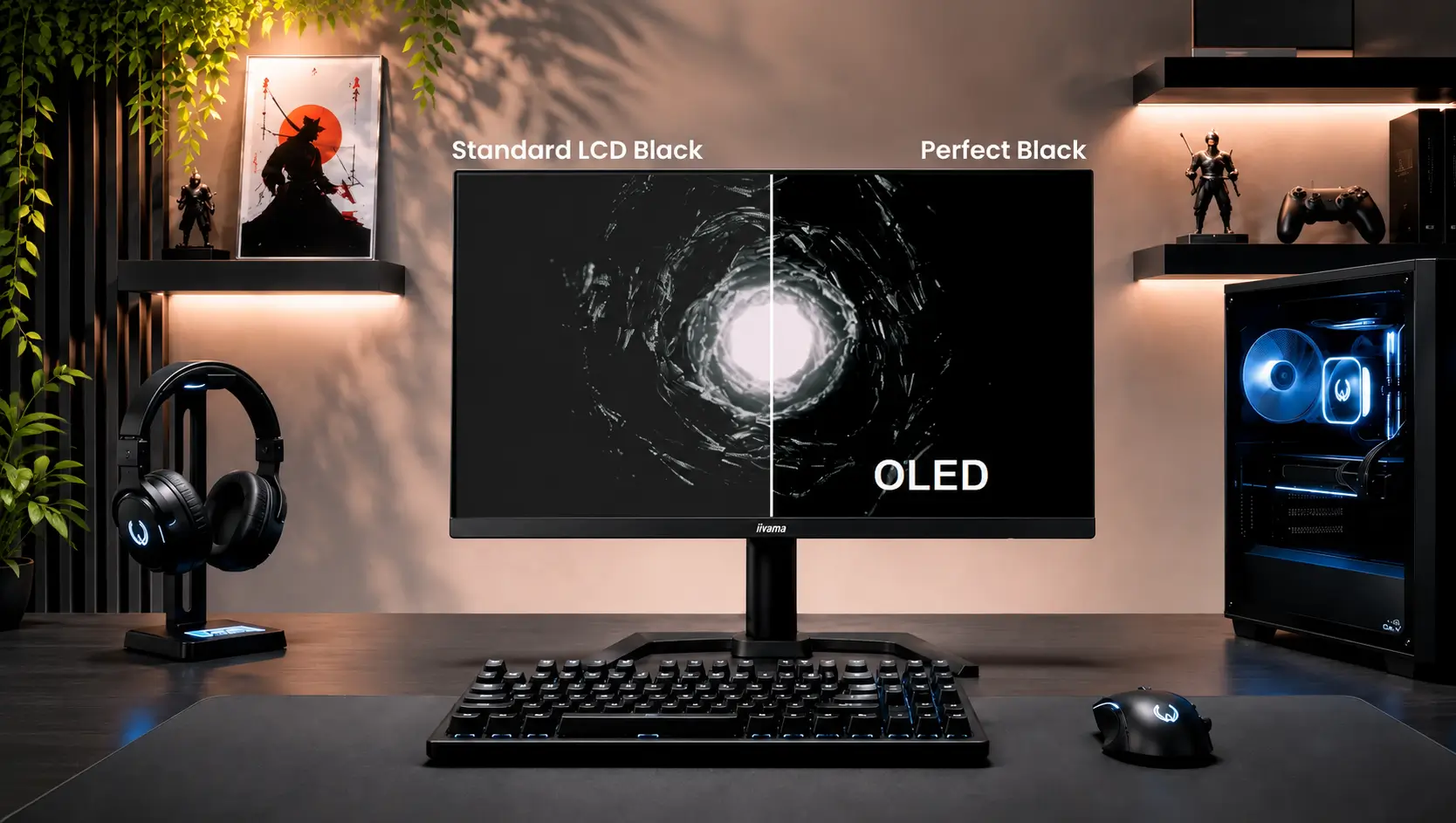 Gamingopstelling met een vergelijking tussen standaard LCD-zwart en perfect zwart van OLED