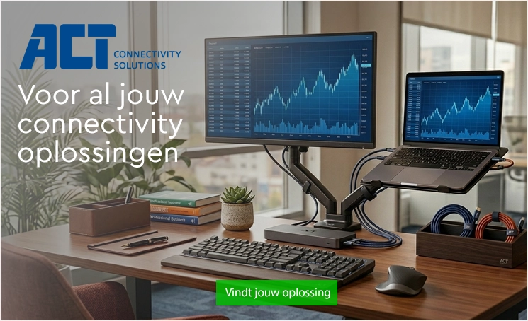 Bureau met ACT connectiviteitsoplossingen voor elke werkplek, inclusief monitorarmen, USB-hubs, toetsenborden en kabels.