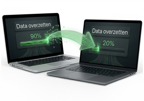 Visuele weergave van het veilig overzetten van bestanden van een oude naar een nieuwe laptop.