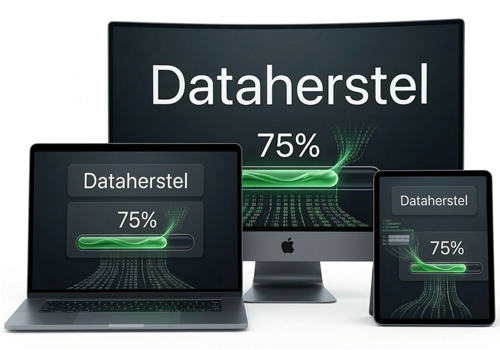 Data recovery proces voor 75% voltooid op een computer, laptop en tablet.