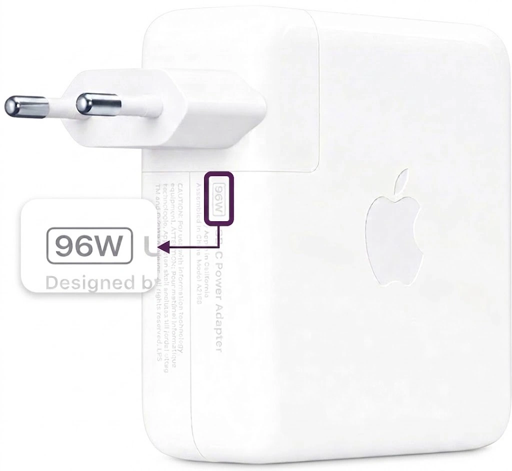 Locatie van de wattage op het certificatielabel van een Apple USB-C lichtnetadapter
